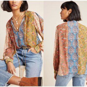 Joan Vass Boho print tassel tie top size M